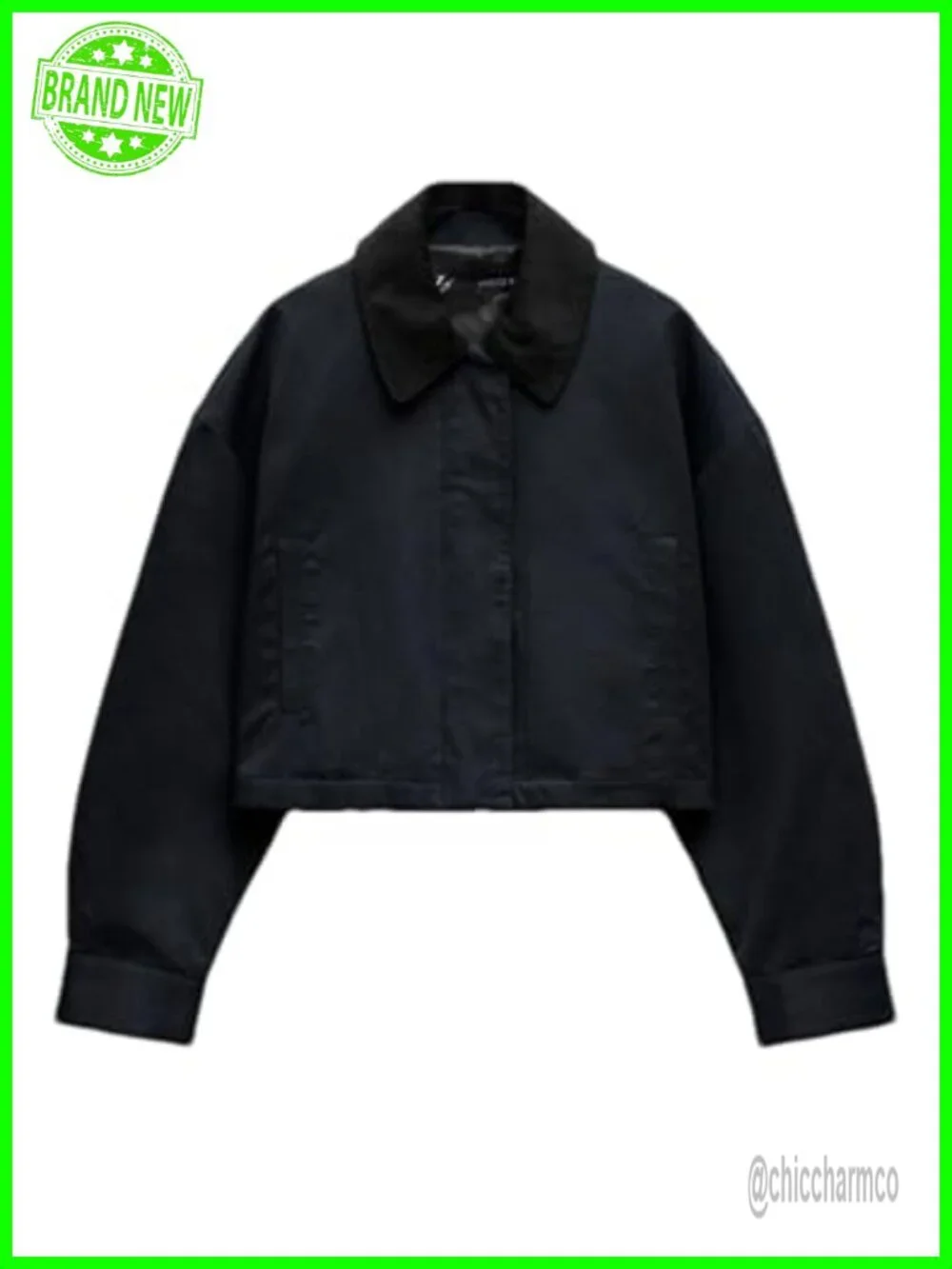 Cropped Corduroy Collar Zip Up Jacket Long Sleeve Women's Casual Bomber
